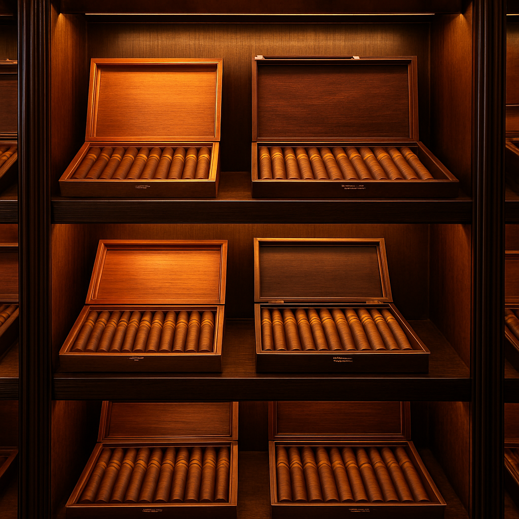 Wall display of premium cigar boxes